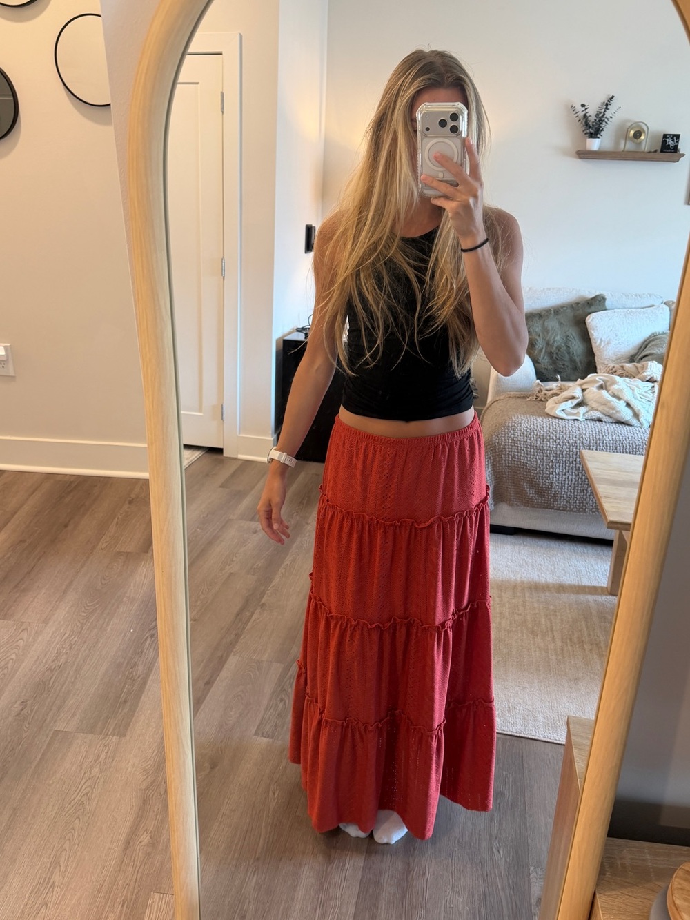 Women’s Red Tiered Maxi Skirt